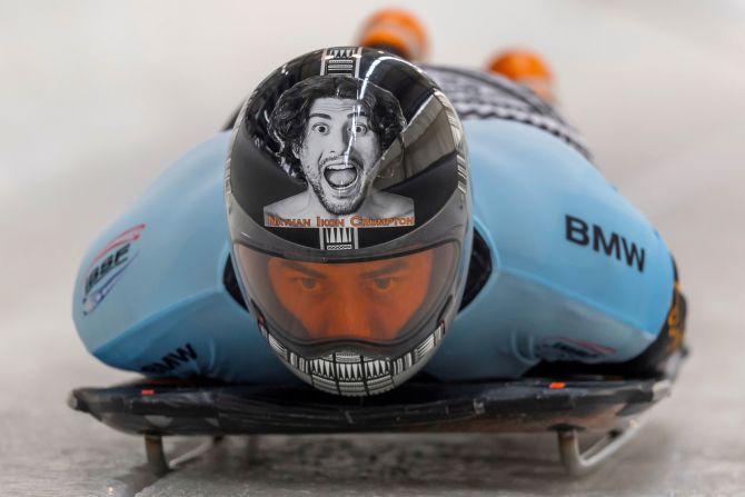 American Samoa's Nathan Crumpton competes at the Bobsleigh and Skeleton World Championships in Altenberg, Germany, on February 27.