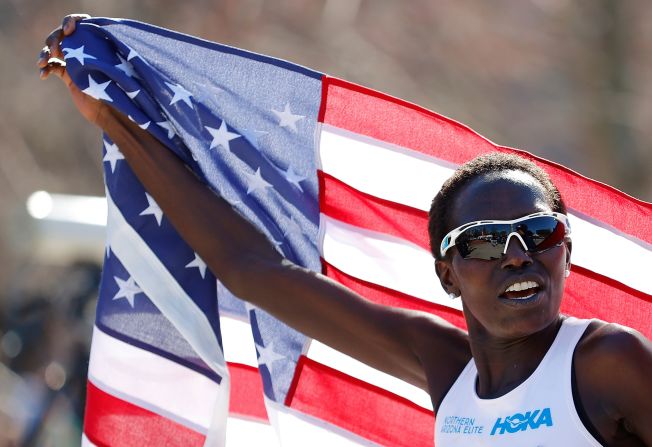 Aliphine Tuliamuk celebrates after winning the Women's <a href="index.php?page=&url=https%3A%2F%2Fwww.cnn.com%2F2020%2F02%2F29%2Fus%2Fatlanta-olympics-torch-marathon-trials%2Findex.html" target="_blank">US Olympic marathon team trials</a> in Atlanta on February 29.