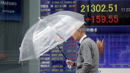 A pedestrian holding an umbrella walks past an electronic stock board outside a securities firm in Tokyo, Japan, on Monday, March 2, 2020.