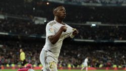 Real Madrid's Brazilian forward Vinicius Junior celebrates a goal during the Spanish League football match between Real Madrid and Barcelona at the Santiago Bernabeu stadium in Madrid on March 1, 2020. (Photo by OSCAR DEL POZO / AFP) (Photo by OSCAR DEL POZO/AFP via Getty Images)