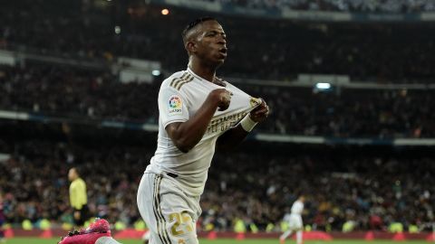 Vinicius Jr. celebrates scoring the opening goal against Barcelona.