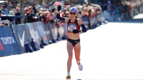 Molly Seidel crosses the finish line in Atlanta.