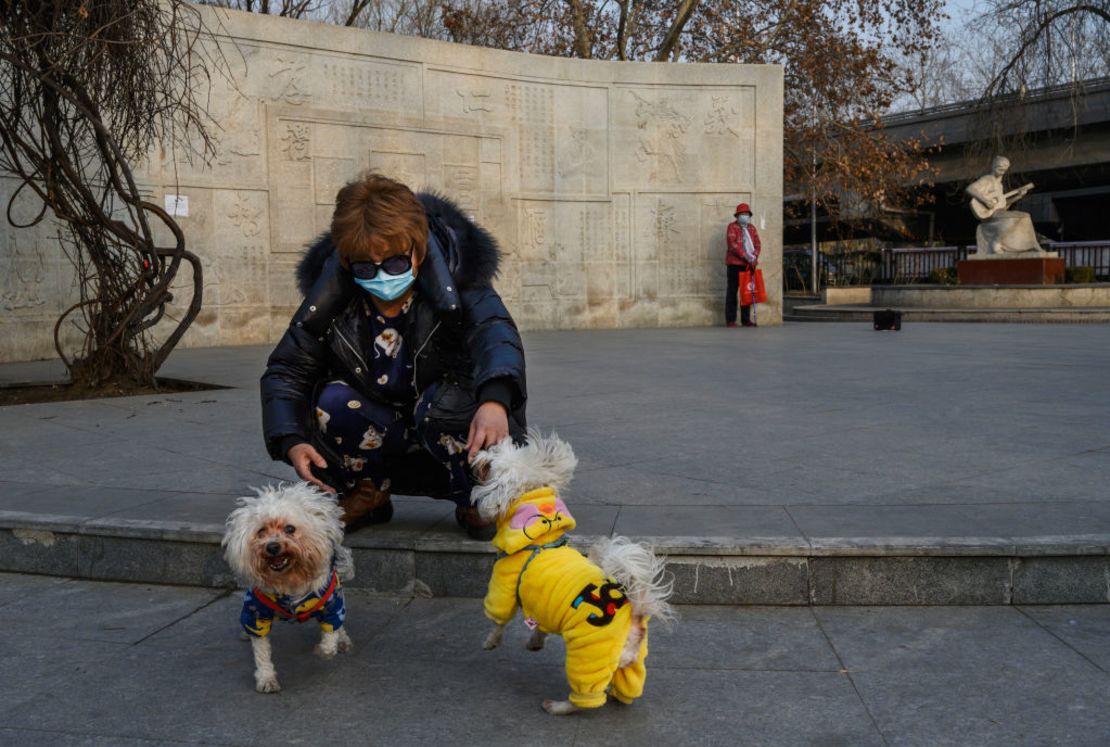 A Chinese woman wears a protective mask as she plays with her dogs at a park on February 25, 2020 in Beijing, China.