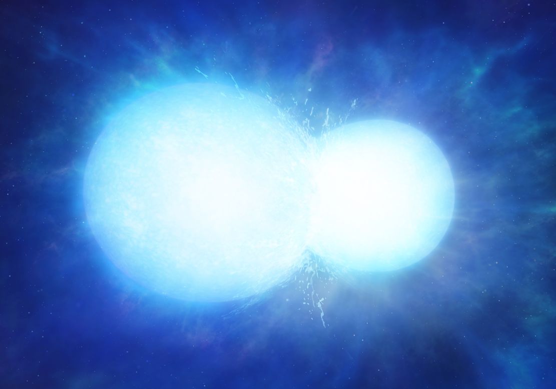 This is an artist's impression of two white dwarfs in the process of merging. While astronomers expected that this might cause a supernova, they have found an instance of two white dwarf stars that survived merging.