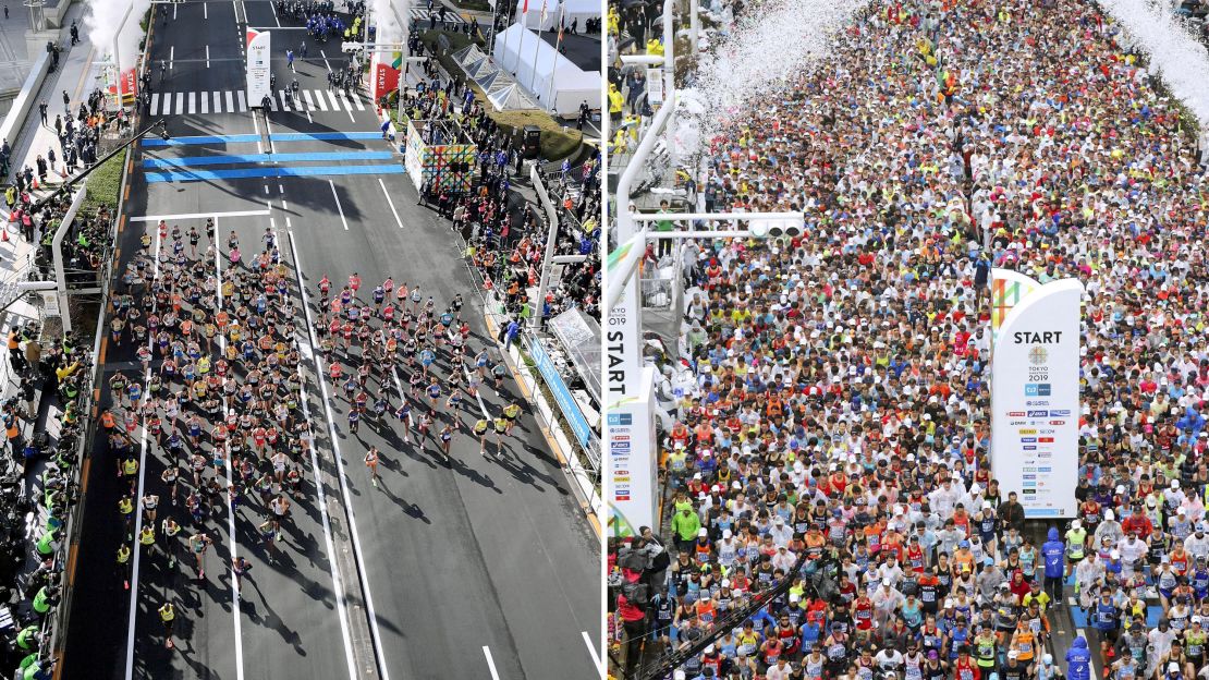 The start of the Tokyo Marathon in 2019 (right) and 2020 (left). The 2020 race was limited to elite runners because of the outbreak.
