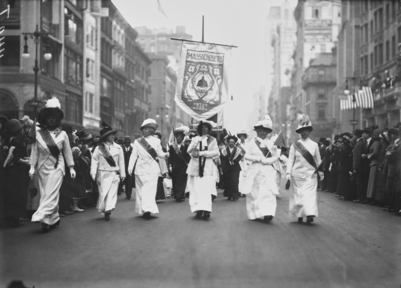 Suffragettes from Massachusetts marching in the streets of New York City (circa 1915)