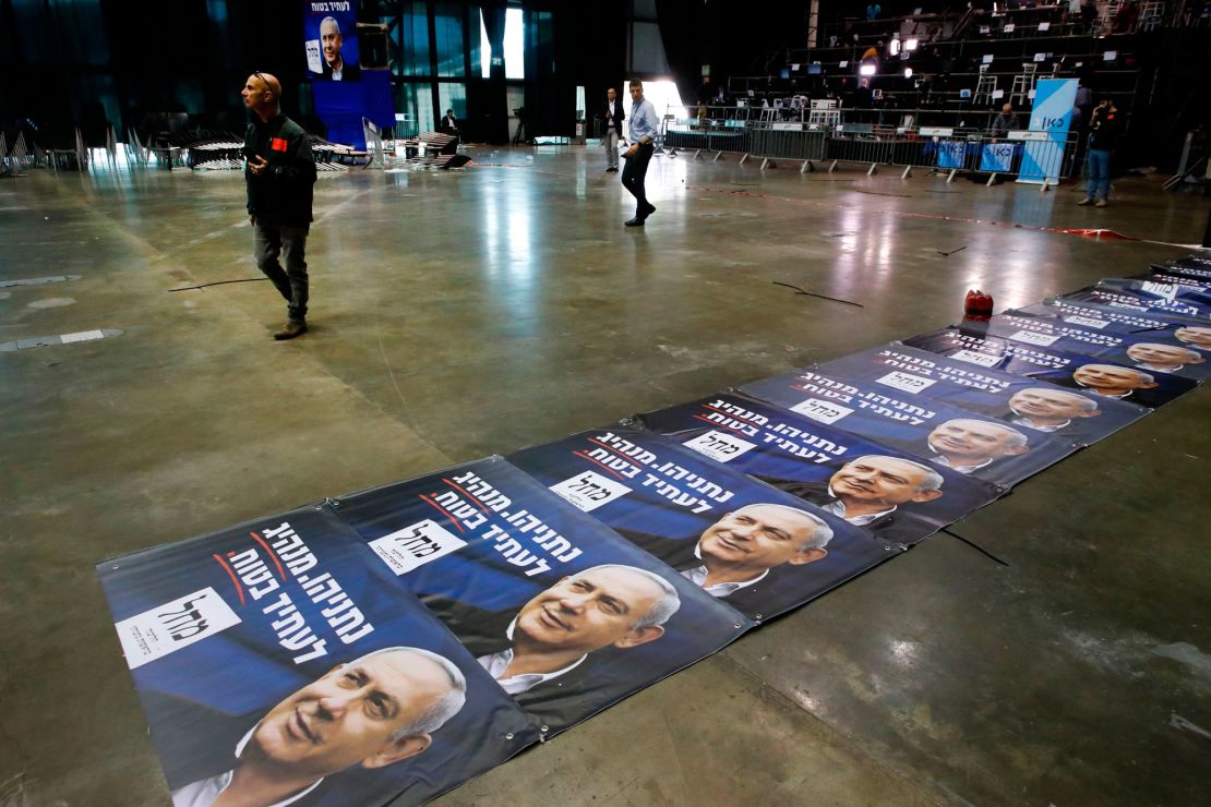 Netanyahu posters at the Likud party's electoral campaign headquarters in Tel Aviv on Monday.