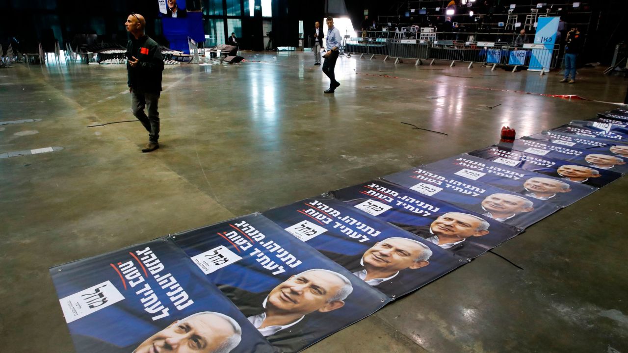 Netanyahu posters at the Likud party's electoral campaign headquarters in Tel Aviv on Monday.