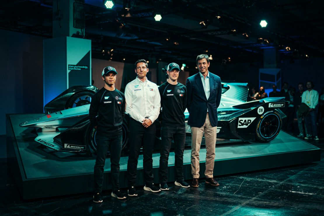 Ian James and Toto Wolff at the Mercedes-Benz EQ Formula E Team launch with the teams' drivers Nyck de Vries and Stoffel Vandoorne. 