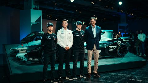 Ian James and Toto Wolff at the Mercedes-Benz EQ Formula E Team launch with the teams' drivers Nyck de Vries and Stoffel Vandoorne. 