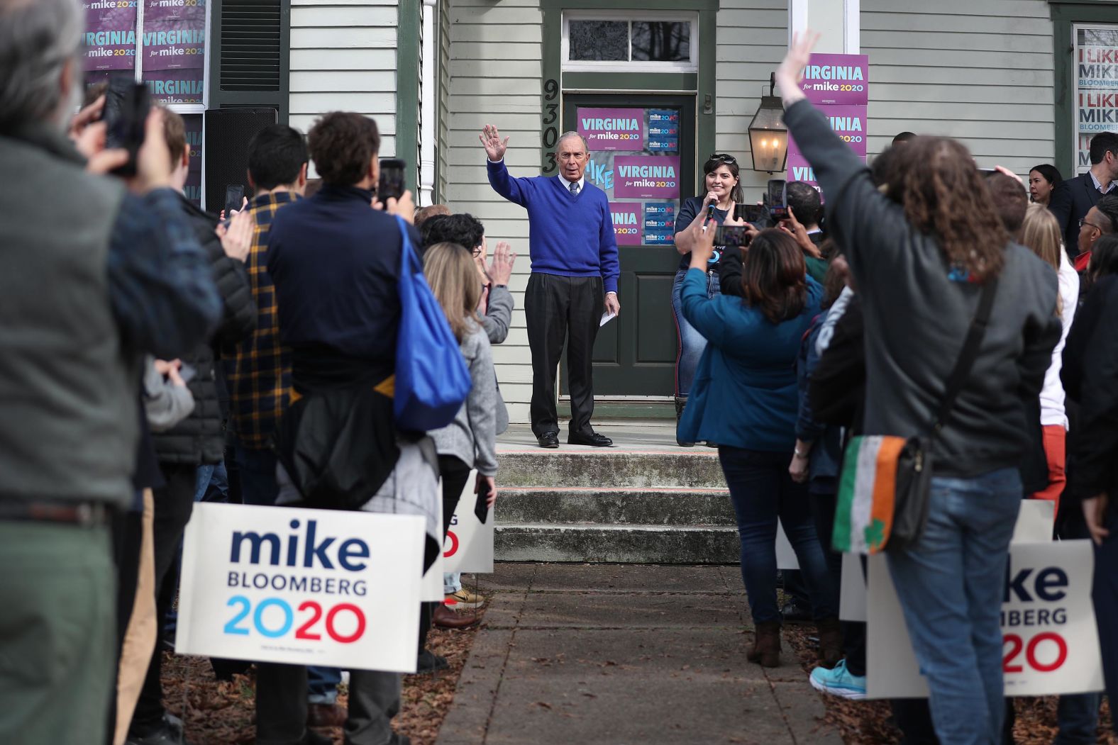 Bloomberg waves during a campaign stop in Manassas, Virginia, on Monday. The former New York City mayor didn't compete in the first four contests of this campaign season.