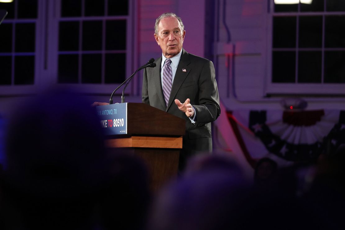 Bloomberg speaks during a campaign rally at Hangar 9 on March 1, 2020 in San Antonio, Texas. Bloomberg is campaigning before voting starts on Super Tuesday, March 3. 