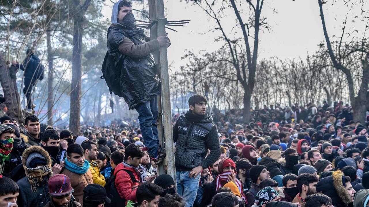 Migrants gather at the Turkey-Greece border on February 29, 2020, where clashes took place with Greek police.