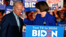 Sen. Amy Klobuchar, D-Minn., endorses Democratic presidential candidate former Vice President Joe Biden at a campaign rally Monday, March 2, 2020 in Dallas.