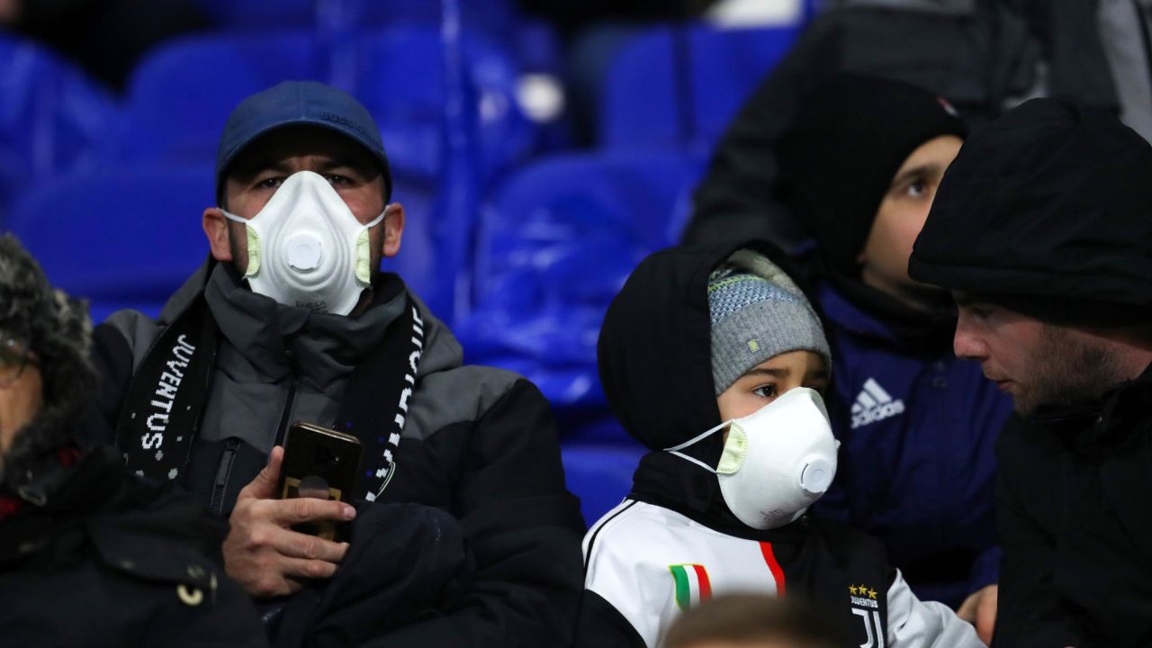Juventus fans wear protective masks during their side's Champions League clash against Lyon.