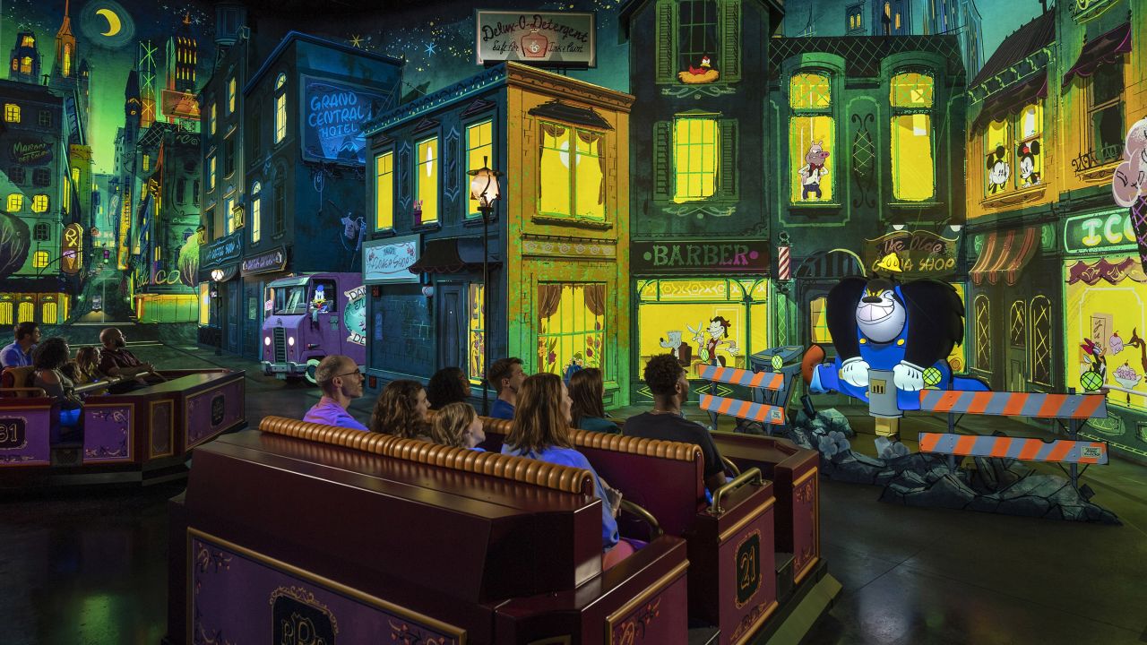 <strong>Mickey & Minnie's Runway Railway:</strong> Guests come face to face with Jackhammer Pete on a busy city street during this ride, which translates 2D cartoons to the 3D world.