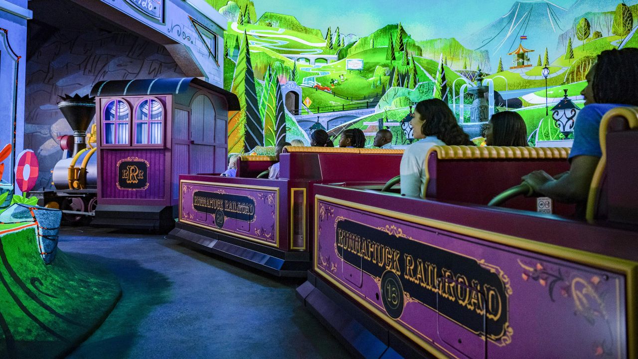 <strong>All aboard: </strong>Guests board Runnamuck Railroad as part of Mickey & Minnie's Runaway Railway. The ride vehicle is a character itself in the ride, able to shimmy, spin, and even dance.