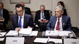 US Treasury Secretary Steven Mnuchin (L) and Federal Reserve Board Chairman Jerome Powell attend a meeting between the Finance Ministers and Central Bank Governors of the G7 nations during the IMF and World Bank Fall Meetings on October 17, 2019 in Washington, DC. (Photo by Olivier Douliery / AFP) (Photo by OLIVIER DOULIERY/AFP via Getty Images)