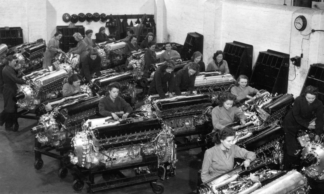 In 1942, these factory workers cleaned Merlin engines to be used in bombers and fighter aircraft.