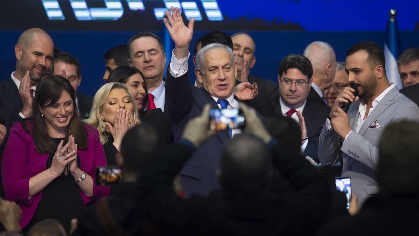 TEL AVIV, ISRAEL - MARCH 03: Sara Netanyahu and Israeli Prime Minister Benjamin Netanyahu thank supporters at the Likud Party after vote celebration on March 03, 2020 in Tel Aviv, Israel. Early results show that Netanyahu has claimed victory in Israel's general election, putting him ahead of rival Benny Gantz, but still short of a majority. (Photo by Amir Levy/Getty Images)