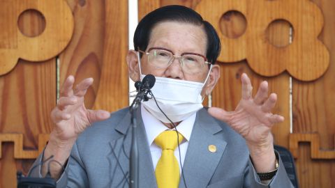Lee Man-hee, leader of the Shincheonji Church speaks during a news conference Monday in Gapyeong, South Korea.