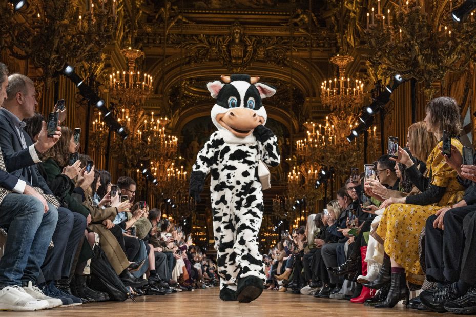 A model dressed as a cow on the runway at Stella McCartney Autumn/Winter 2020/21 
