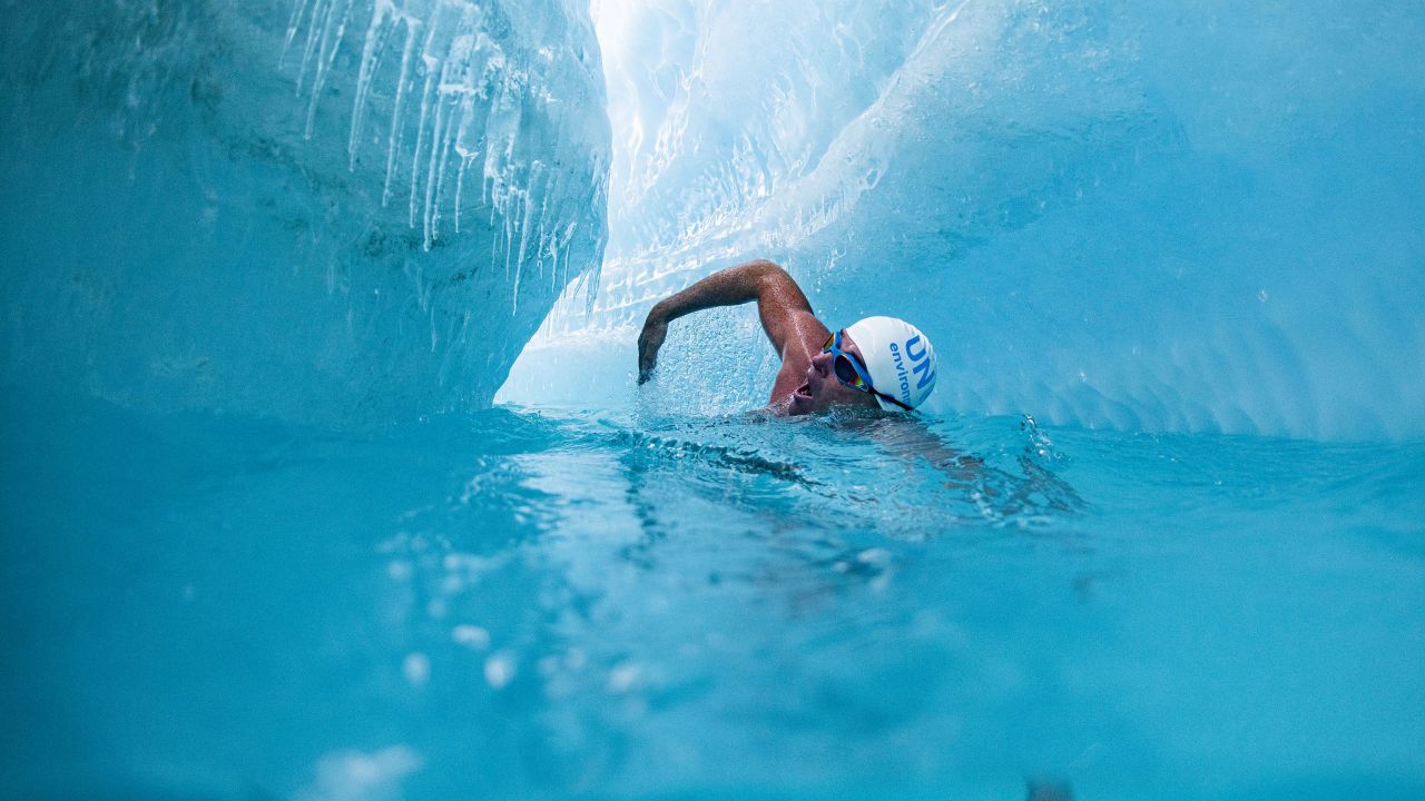 Endurance swimmer and UN Patron of the Oceans Lewis Pugh swims down a glacial river underneath the Antarctic ice sheet, in East Antarctica on January 22.