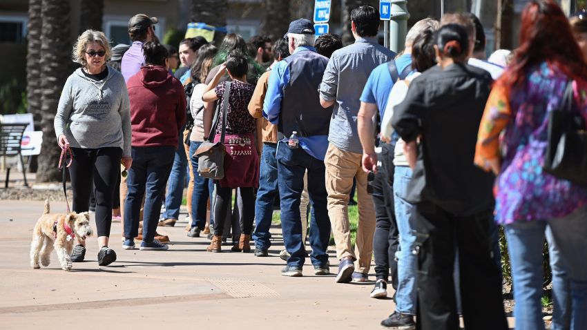A woman walks her dog past a long line of voters waiting to cast their ballot in the presidential primary at the Buena Vista Branch Library in Burbank, California on Super Tuesday, March 3, 2020. 
