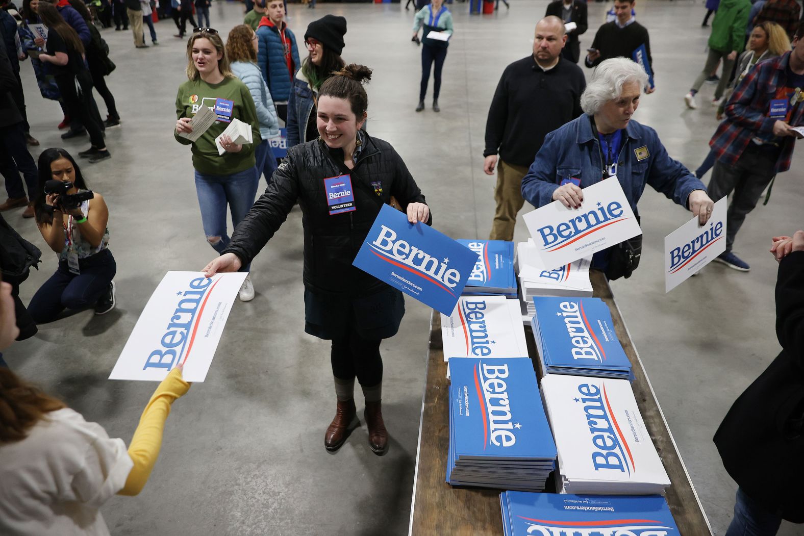 Volunteers hand out campaign signs for Sanders in Essex Junction, Vermont.