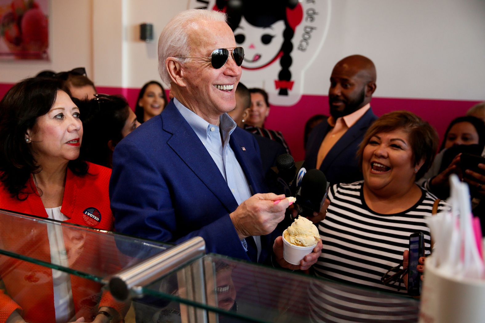 Biden enjoys some ice cream while campaigning in Los Angeles on Tuesday.