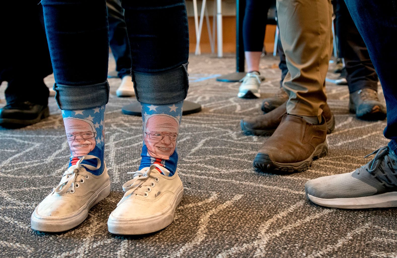 Sanders is seen on a voter's socks in Denver.
