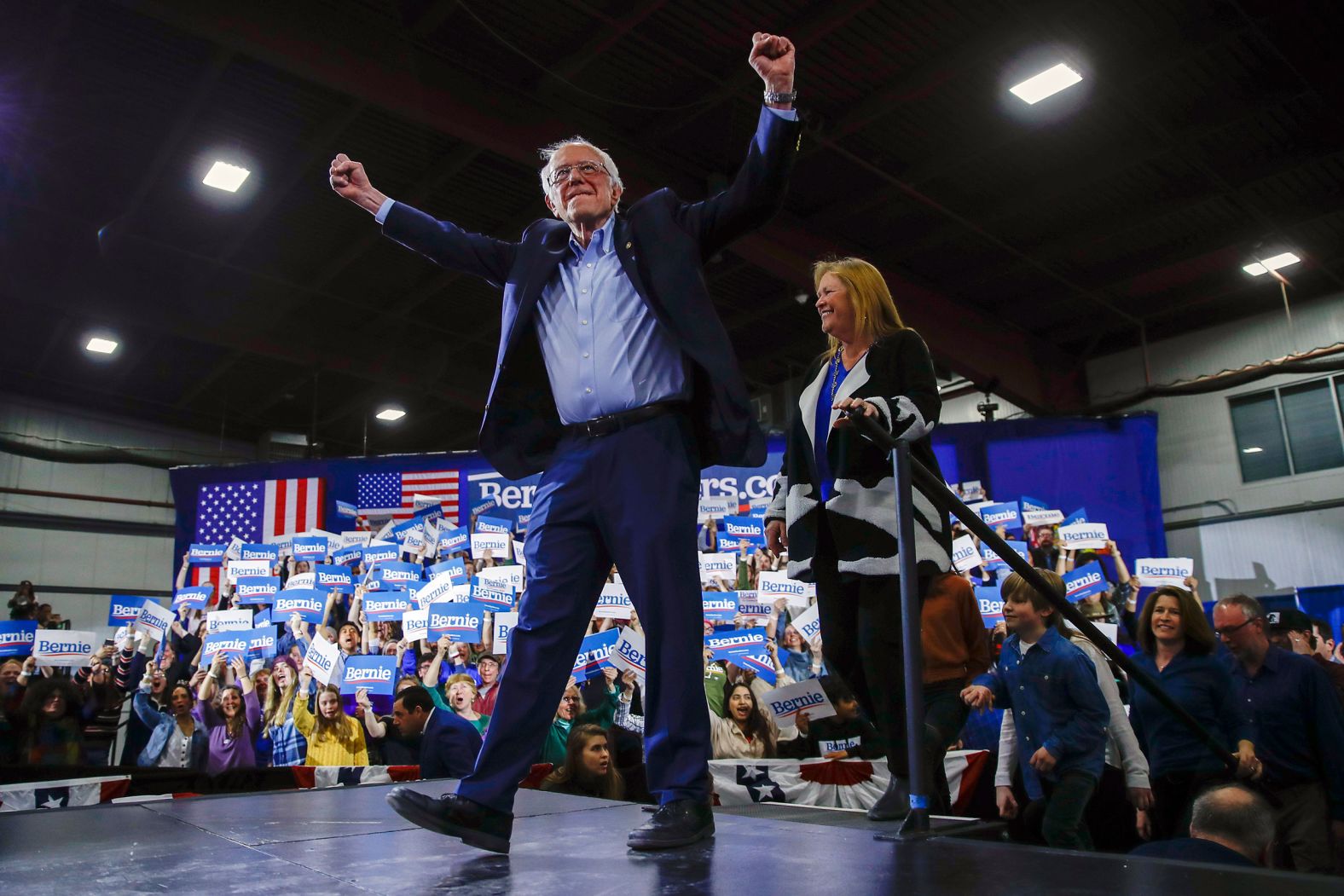 US Sen. Bernie Sanders is accompanied by his wife, Jane, at his primary night rally in Essex Junction, Vermont. "We're not only taking on the corporate establishment. We're taking on the political establishment," <a href="index.php?page=&url=https%3A%2F%2Fwww.cnn.com%2Fpolitics%2Flive-news%2Fsuper-tuesday-results-2020%2Fh_7f15fbe7794c42b559175ee3fd140a3f" target="_blank">Sanders told his supporters.</a>