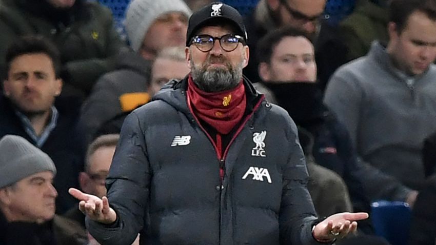 Liverpool's German manager Jurgen Klopp reacts during the English FA Cup fifth round football match between Chelsea and Liverpool at Stamford Bridge in London on March 3, 2020. (Photo by DANIEL LEAL-OLIVAS / AFP) / RESTRICTED TO EDITORIAL USE. No use with unauthorized audio, video, data, fixture lists, club/league logos or 'live' services. Online in-match use limited to 120 images. An additional 40 images may be used in extra time. No video emulation. Social media in-match use limited to 120 images. An additional 40 images may be used in extra time. No use in betting publications, games or single club/league/player publications. /  (Photo by DANIEL LEAL-OLIVAS/AFP via Getty Images)
