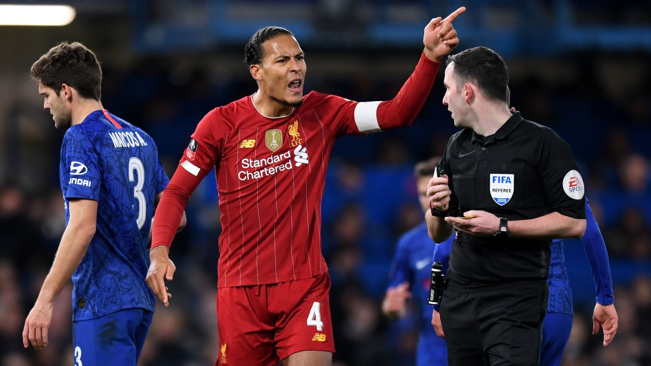 Virgil van Dijk of Liverpool remonstrates with referee Chris Kavanagh during the defeart to Chelsea.
