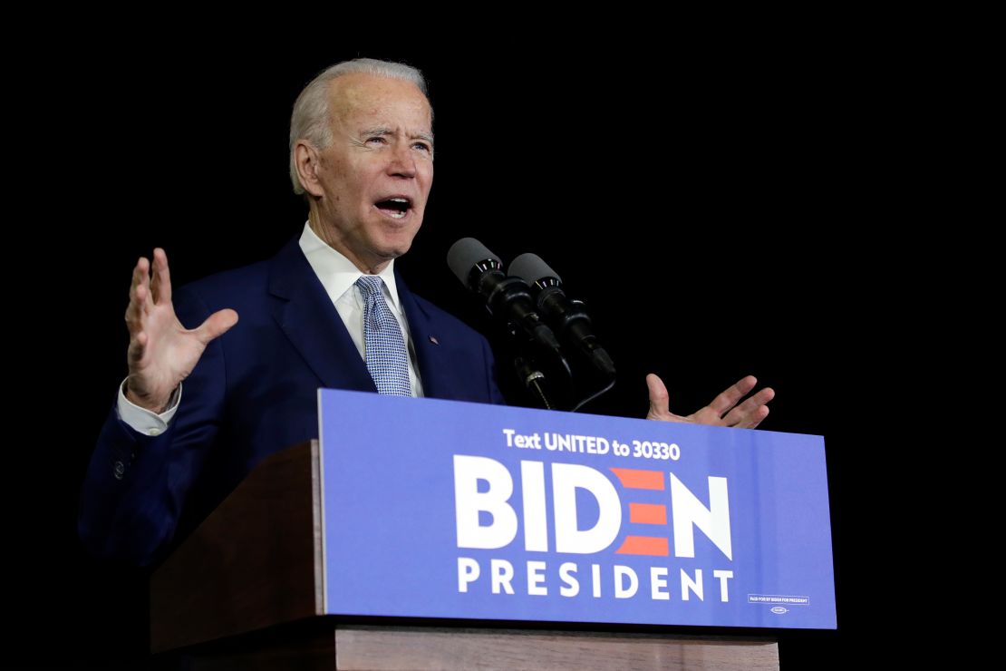 Biden speaks during a primary election night rally Tuesday, March 3, 2020, in Los Angeles.