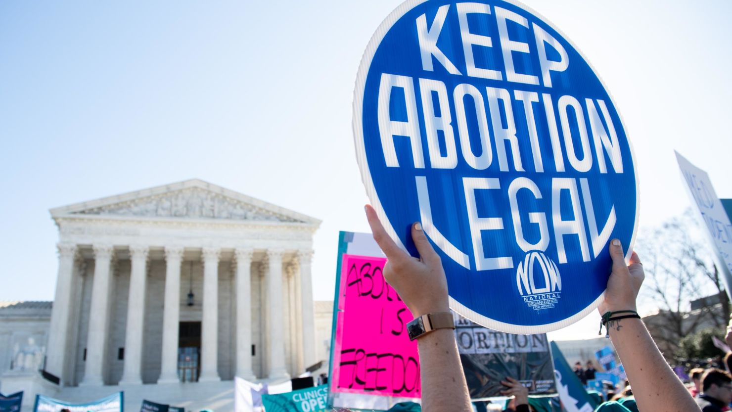 Pro-choice activists supporting legal access to abortion protest during a demonstration outside the US Supreme Court in Washington, DC, March 4, 2020, as the Court heard oral arguments on a Louisiana law about abortion access in the first major abortion case in years. 