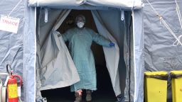BRESCIA, March 3, 2020 -- A paramedic works in a tent outside the Brescia Civilians Hospital in Brescia, Italy, March 3, 2020.  Italian authorities on Tuesday confirmed 2,263 coronavirus cases, which marked an increase of 428 infections compared to the previous day.   The figure did not include recoveries or fatalities, whose numbers were provided separately. (Photo by Xinhua/Xinhua via Getty) (Xinhua/ via Getty Images)