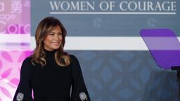 First lady Melania Trump looks to a teleprompter as she pauses while speaking during the 2020 International Women of Courage Awards Ceremony at the State Department in Washington, Wednesday, Feb. 4, 2020. (AP Photo/Carolyn Kaster)