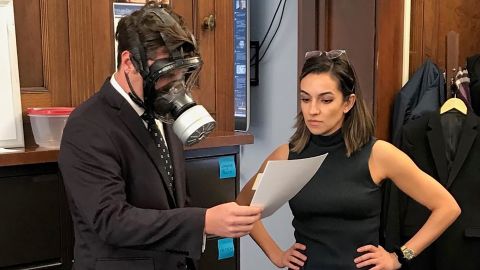 An image of Gaetz wearing the gas mask ahead of the vote.