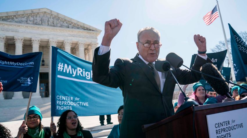 WASHINGTON, DC - MARCH 04: Senate Minority Leader Sen. Chuck Schumer (D-NY) speaks in an abortion rights rally outside of the Supreme Court as the justices hear oral arguments in the June Medical Services v. Russo case on March 4, 2020 in Washington, DC. The Louisiana abortion case is the first major abortion case to make it to the Supreme Court since Donald Trump became President. (Photo by Sarah Silbiger/Getty Images)