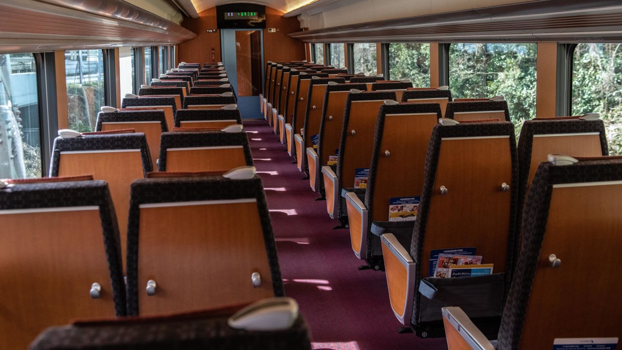 A carriage on a train is nearly empty as it travels from Shinjuku to the toursi resort of Hakone on March 3, 2020 in Hakone, Japan.