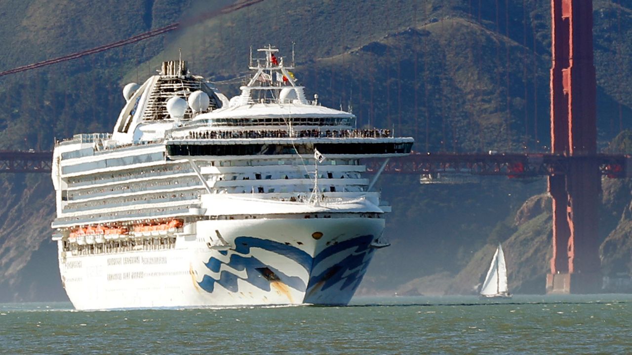 Grand Princess passes the Golden Gate Bridge in February in San Francisco.