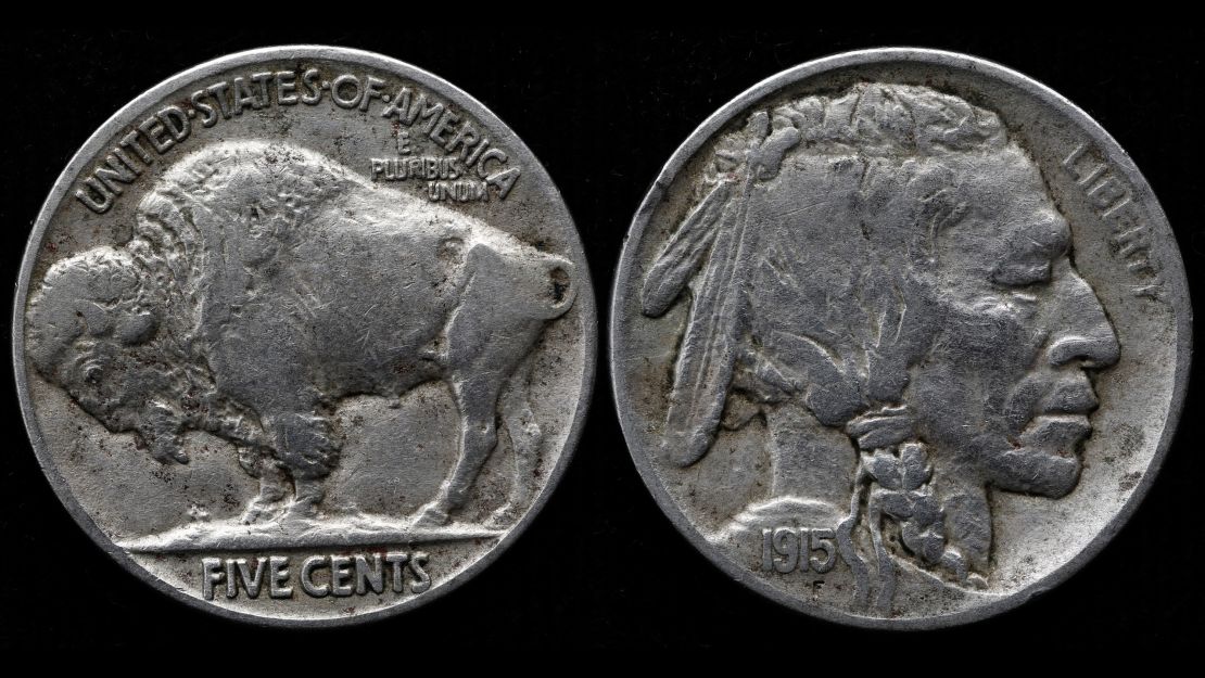 A buffalo nickel from 1915. These nickels were minted in three cities: Philadelphia, San Francisco and Denver.