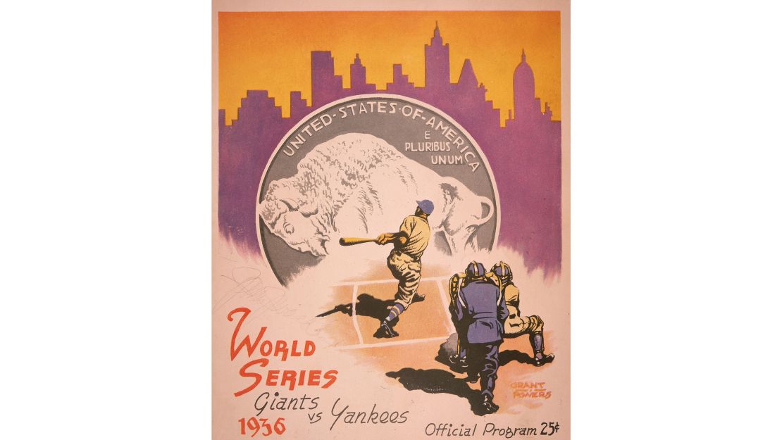 The cover of the program for the 1936 World Series between the New York Yankees and the New York Giants features an illustration by Grant Powers that shows a baseball player hitting the ball, the New York skyline -- and a buffalo nickel! 
