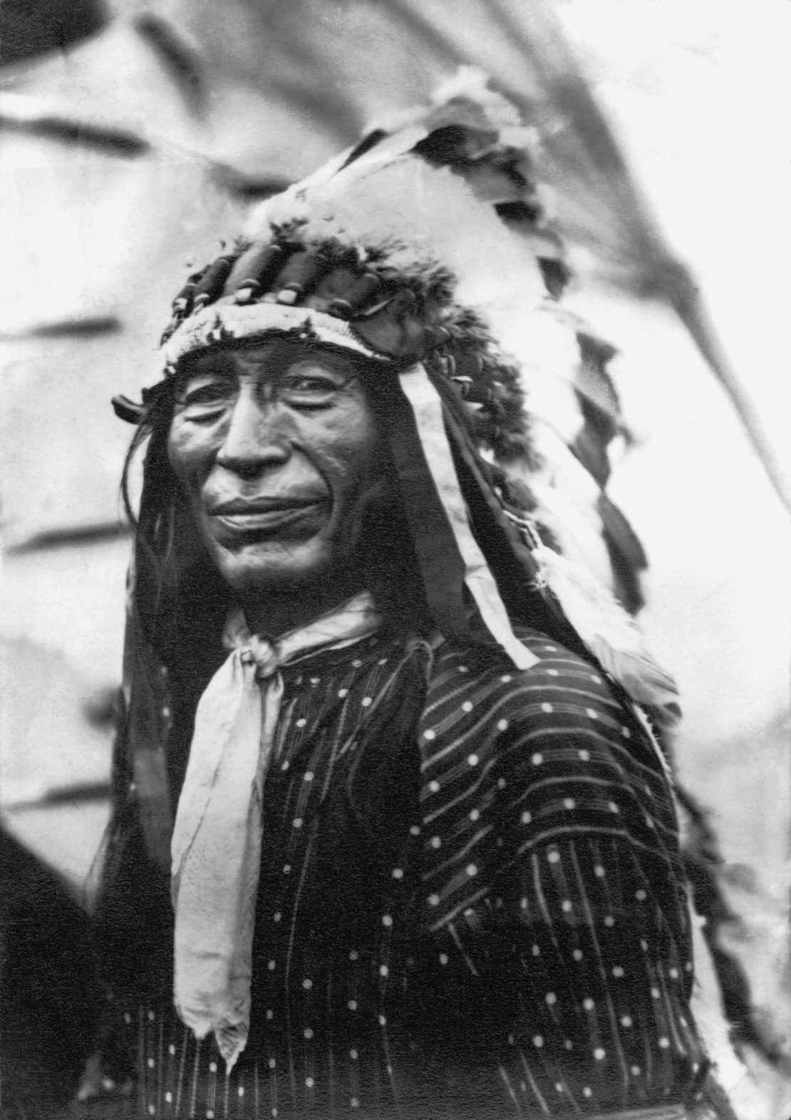 This is a portrait of Oglala Sioux Chief Iron Tail, one of three Native American chiefs used to create the composite profile on the buffalo nickel. 