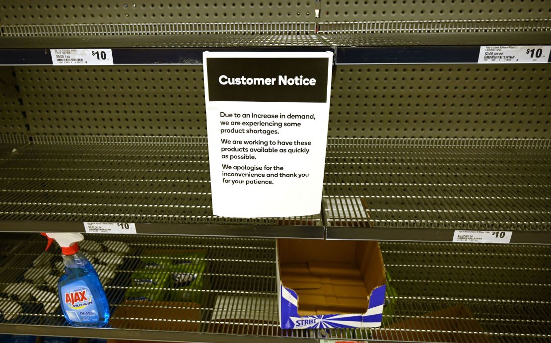 A notice posted on empty shelves of hand sanitizer in a supermarket in Sydney on Wednesday.