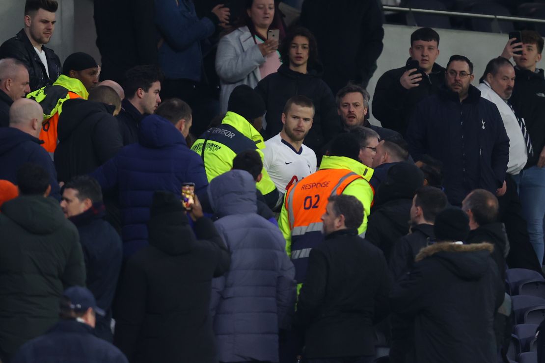 Eric Dier of Tottenham Hotspur is seen speaking to fans in the stands after the club's FA Cup defeat by Norwich.