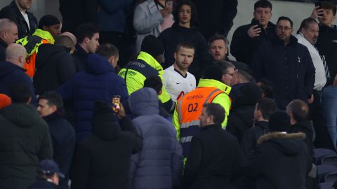 Eric Dier of Tottenham Hotspur is seen speaking to fans in the stands after the club's FA Cup defeat by Norwich.