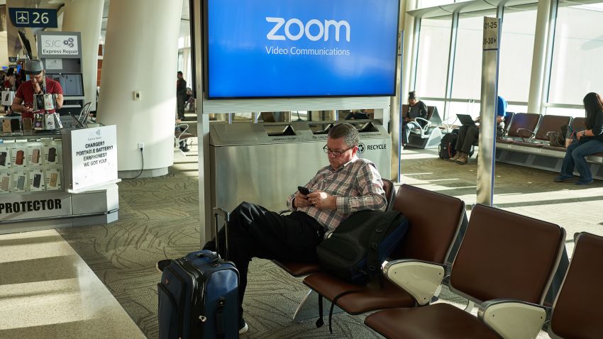 Zoom Video Communications advertising seen in San Jose International Airport, California, USA on Feb 13, 2020. The company provides remote conferencing services using cloud computing.