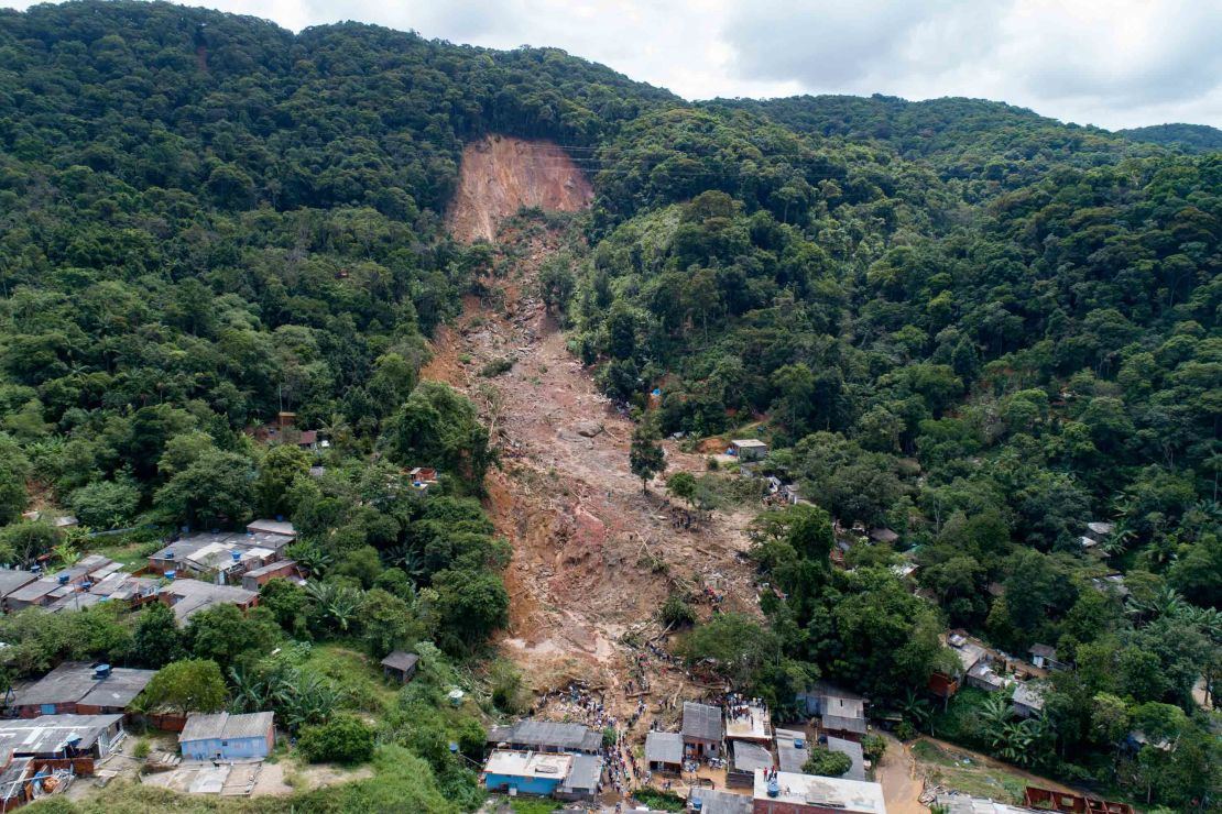 Trees are gone after a mudslide triggered by heavy rains in the coastal city of Guaruja.